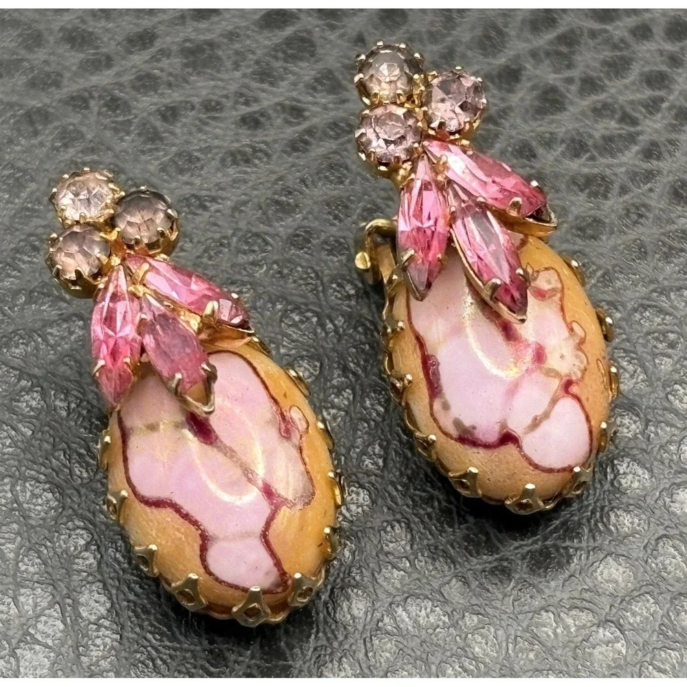 Vintage Dragon Egg Marble Pink Cabochon Crystal Rhinestone Clip Earrings READ
